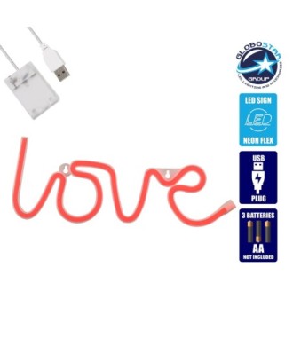 GloboStar® 78587 Φωτιστικό Ταμπέλα Φωτεινή Επιγραφή NEON LED Σήμανσης LOVE 5W με Καλώδιο Τροφοδοσίας USB - Μπαταρίας 3xAAA (Δεν Περιλαμβάνονται) - Κόκκινο